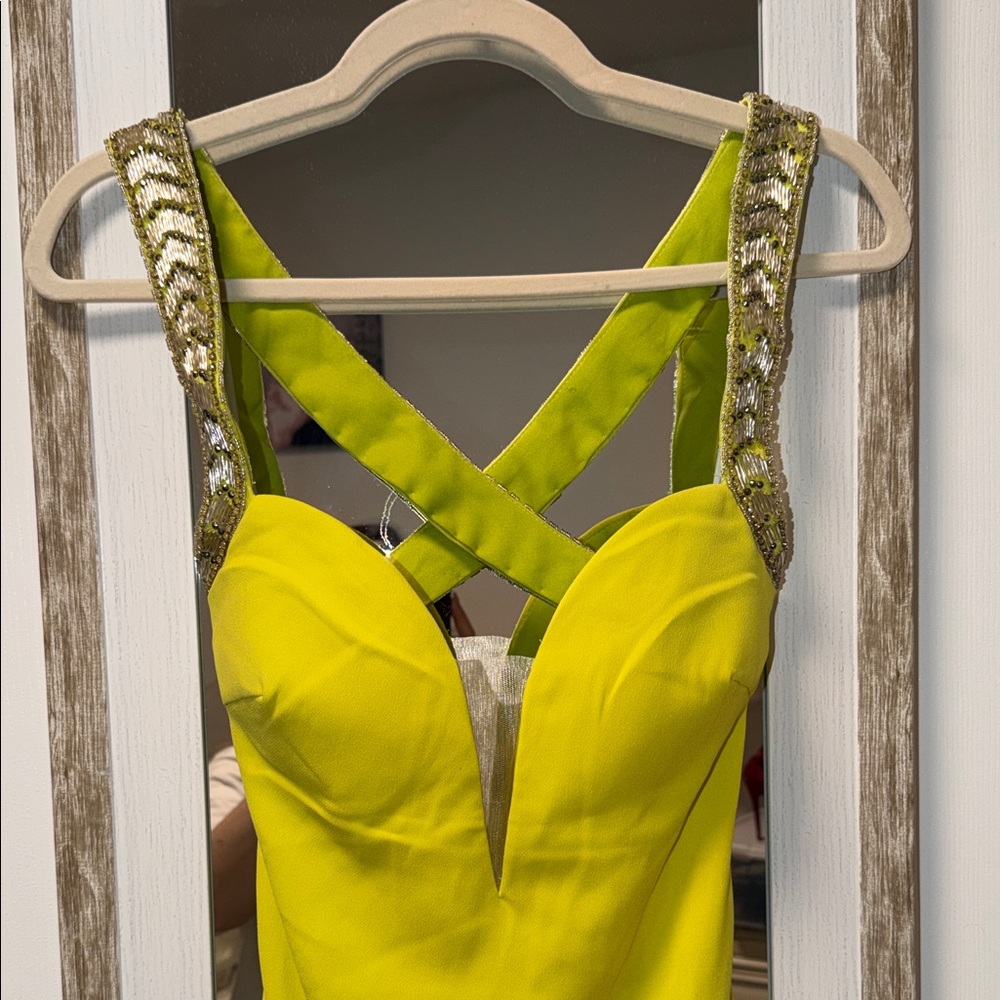 Terani Couture Yellow Backless Dress with Gold Accents